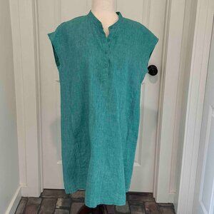 EILEEN FISHER Washed-Organic-Linen Délavé Collared Cap-Sleeve Dress M
